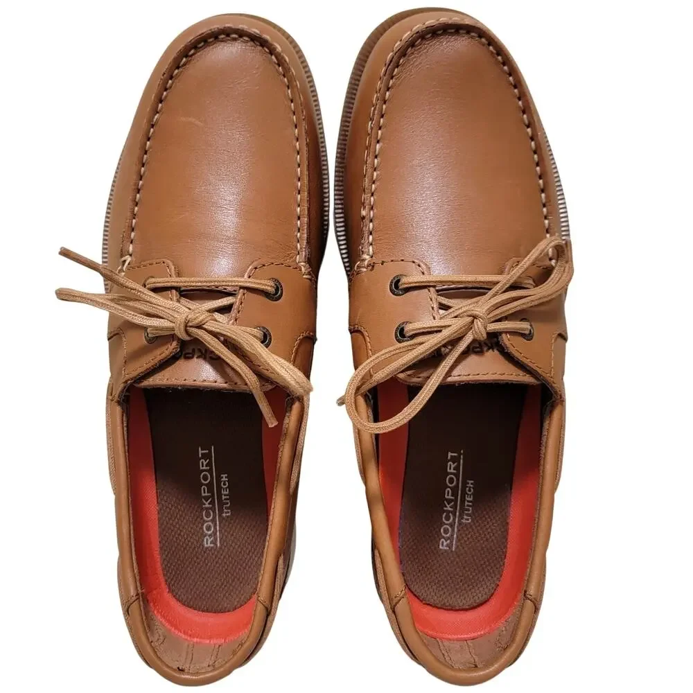 Rockport Men South Port Boat Shoes Size US 8.5M Medium Natural Brown Leather